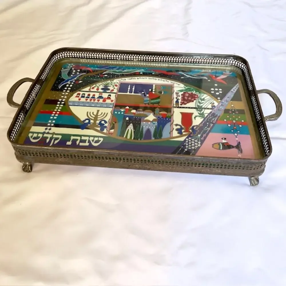 Raphael Abecassis Shabbat Tray Judaica Art Bitton Fine Art Metal Handles 1980s